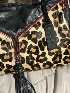 Aqua Madonna Leopard-Print Shoulder Bag with Black Leather Trim and Red Piping